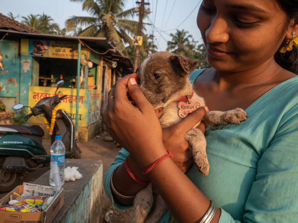 A street puppy being comforted by a caregiver