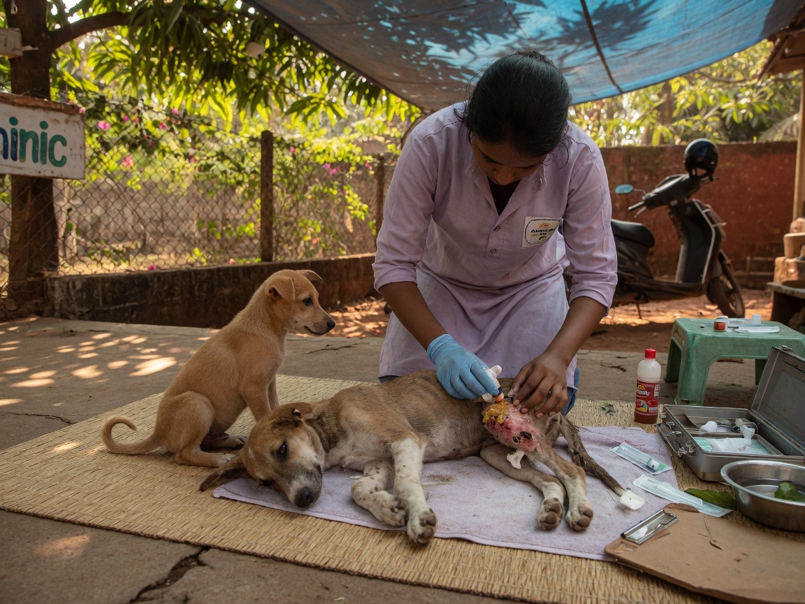 A young street dog receiving gentle care