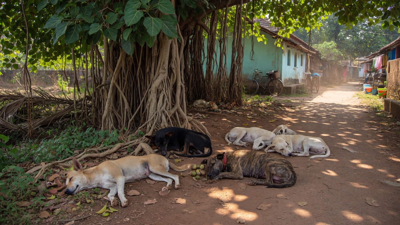 Street dogs resting in the shade in Goa